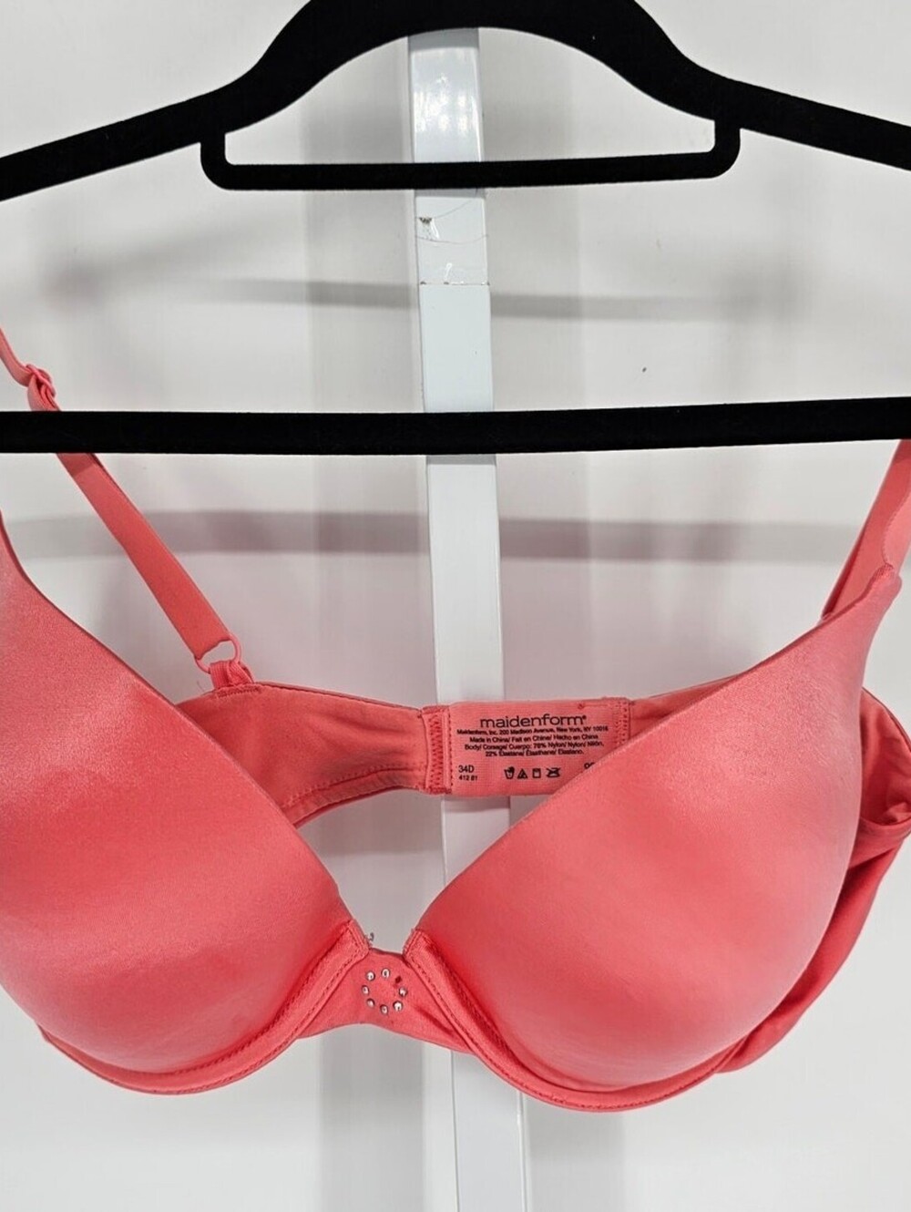 Maidenform Womens Sz 34D padded Push Up Bra Solid Coral Pink